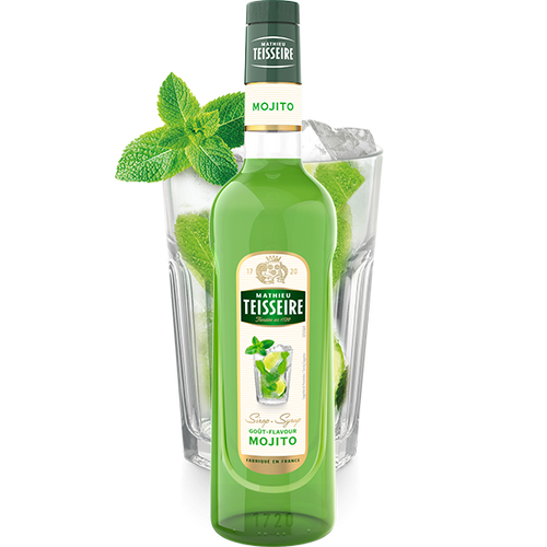 A 70 centiliter glass bottle of mojito syrup from Teisseire.