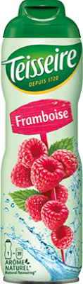 A 60 centiliter metal bottle of raspberry syrup from Teisseire.