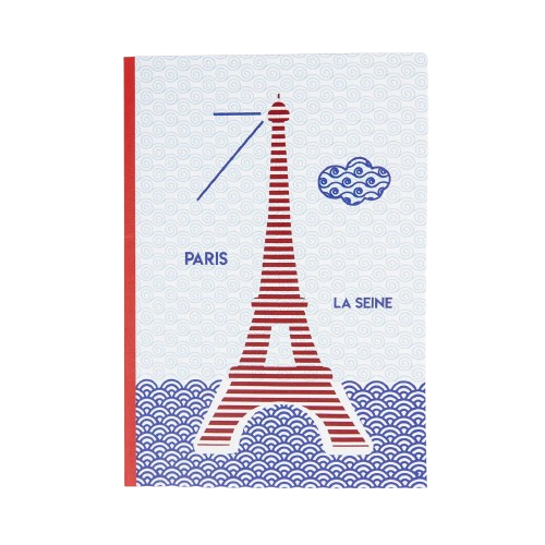 An "Eiffel Tower" themed notebook from Les Parisettes, featuring a red spine and cover printed with an abstract drawing of the Eiffel Tower in red horizontal stripes. In the background are gray and blue swirls evocative of a sky and river, labeled "Paris" and "La Seine."