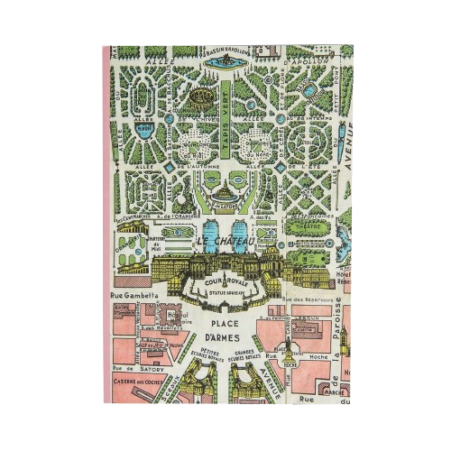 A "Versailles" themed notebook from Les Parisettes, featuring a pink spine and cover printed with a map of Versailles' grounds.