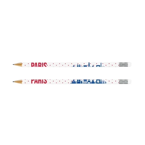 A "Paris" pencil from Les Parisettes. The pencil is wrapped with dots: near the eraser is a vista of Paris in blue ink, and near the pencil lead is red text that says, "Paris."