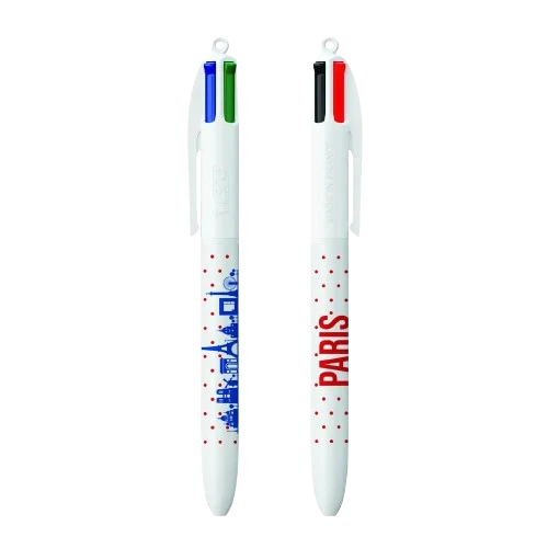 The front and back of the Les Parisettes "Paris" pen. The pen contains four color options for red, blue, green, and black ink. The pen is wrapped with dots: one side of the pen has a vista of Paris in blue ink, and the other side says, "Paris" in red ink.