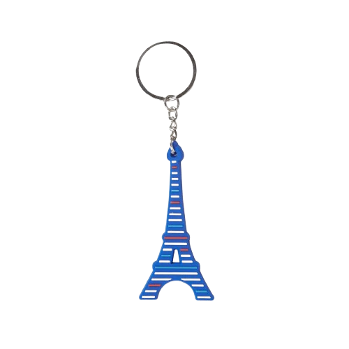 A key ring from Les Parisettes with a blue Eiffel Tower charm striped with red, white, and blue.