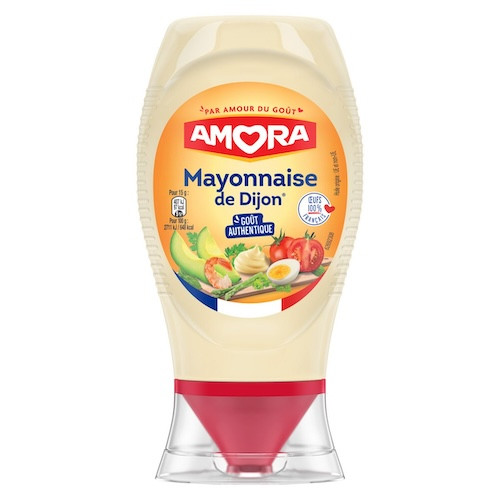A clear plastic squeeze bottle containing 235 grams of Amora mayonnaise with Dijon mustard.