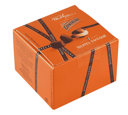 An orange gift box wrapped printed with an image of black ribbon from Mathez. The box contains 100 grams of cocoa-powdered chocolate truffles with Cointreau liqueur.