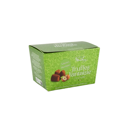 A green box containing 250 grams of cocoa-powdered truffles with hazelnuts from Mathez.
