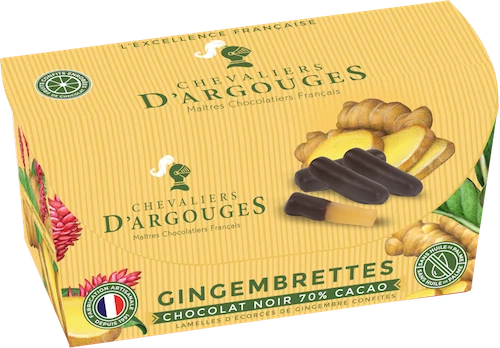 A 160 gram box of Chevaliers d'Argouges's "gingembrettes," candied ginger coated in dark chocolate.