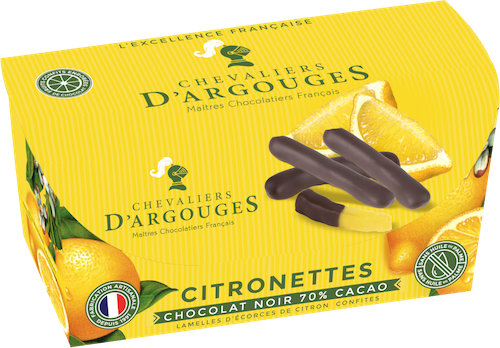 A 170 gram yellow box of Chevaliers d'Argouges's "citronettes," candied lemon peels coated in dark chocolate.