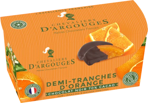 A 180 gram vibrant orange box of Chevaliers d'Argouges's candied orange slices coated in dark chocolate.