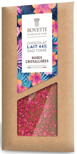 A 100 gram Bovetti milk chocolate bar with crystalized roses.