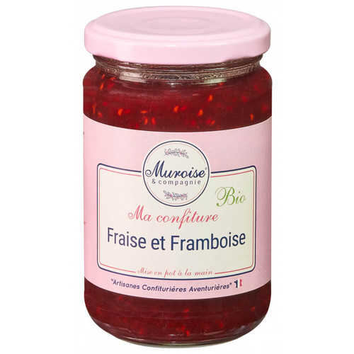 A 350 gram jar of Muroise & Co's strawberry and raspberry preserves.