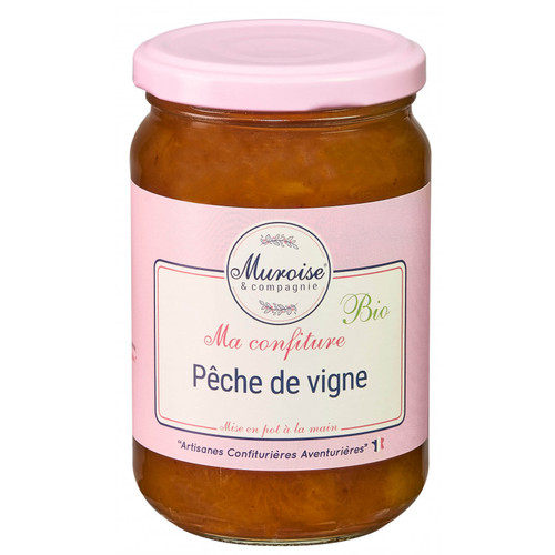 A 350 gram jar of Muroise & Co's organic vineyard peach preserves.