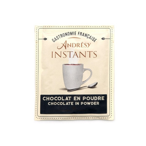 A 20 gram individual packet of hot chocolate powder from Andrésy.