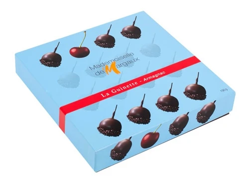 A 190 gram box of Mademoiselle de Margaux's "La Guinette," dark chocolate-coated cherries with Armagnac.