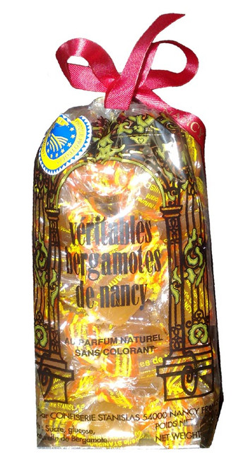 A 200 gram bag of individually wrapped bergamote candies from Confiserie Stanislas.