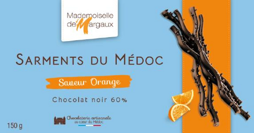 A 150 gram box of Mademoiselle de Margaux's Sarments du Médoc, or dark chocolate twigs, with orange.