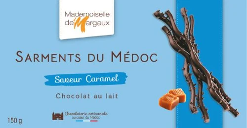 A 150 gram box of Mademoiselle de Margaux's Sarments du Médoc, or dark chocolate twigs, with caramel.