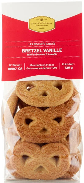 A clear bag holding 120 grams of vanilla-flavored "bretzel" (or pretzel) shaped cookies from Maison Alsacienne.
