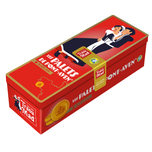 A "pencil tin" containing 200 grams of palets de Pont-Aven, thick butter cookies, from Traou Mad. The tin is a crimson red and has an illustration of a couple dramatically holding each other.