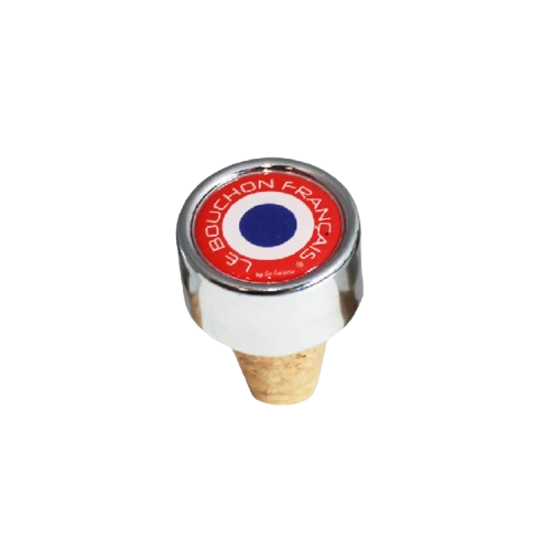 A cork wine bottle stopper from Le Bouchon Français. The top of the stopper has concentric rings of red, white, and blue.