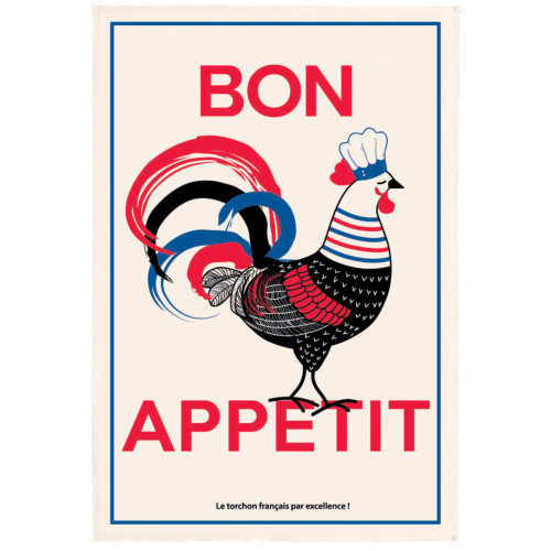 A tea towel that reads, "Bon Appétit" in bold red text, from Le Torchon Français. In the center is a red, white, blue, and black cartoon rooster wearing a chef hat.