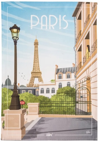 A tea towel from Coucke. The top of towel is titled "Paris" in bold white text and depicts a quiet Parisian building with a view of the Eiffel Tower.