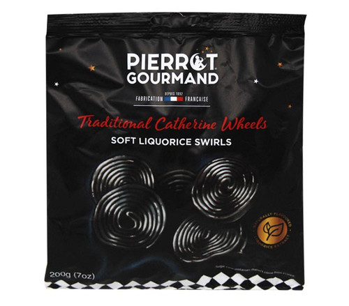A 200 gram bag of Pierrot Gourmand soft licorice rolls.