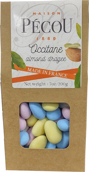 A paper container holding 200 grams of Occitane dragées (sugar-coated almonds) from Maison Pécou.