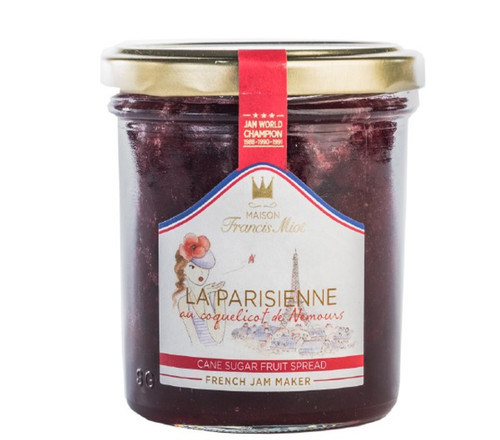 A 220 gram jar of "La Parisienne" jam from Francis Miot. The jam is a deep red and the label bears a retro style illustration of a chic woman wearing a hat.