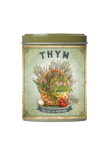 A resealable canister of 20 grams of dried thyme from Espirit Provence. The front of the canister has a detailed illustration of a basket of thyme, titled "Thym."