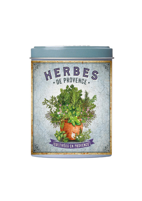 A resealable canister of 25 grams of dried herbs from Province, from the company Espirit Provence. The front of the canister has a detailed illustration of a vase of herbs, titled "Herbes de Provence."