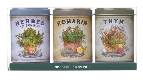 A trio of resealable canisters of Esprit Provence's dried cooking herbs (Provence herbs, rosemary, and thyme), totaling 28 grams. Each features a detailed illustrations of plant the herb is sourced from.