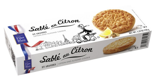 A box of 150 grams of lemon and almond Filet Bleu sablé cookies.