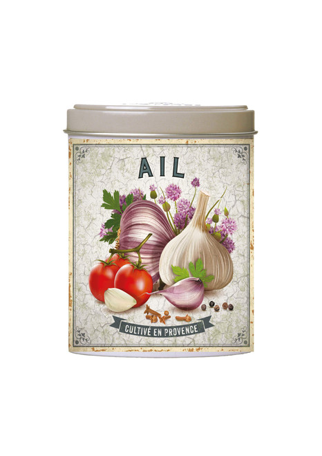 A resealable canister of 40 grams of dehydrated garlic from Espirit Provence. The front of the canister has a detailed illustration of garlic, tomatoes, and herbs, titled "Ail."