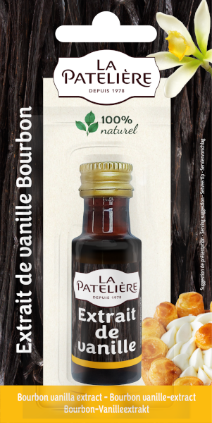 A jar of all natural Bourbon vanilla extract, weighing 26 grams, from La Patelière.