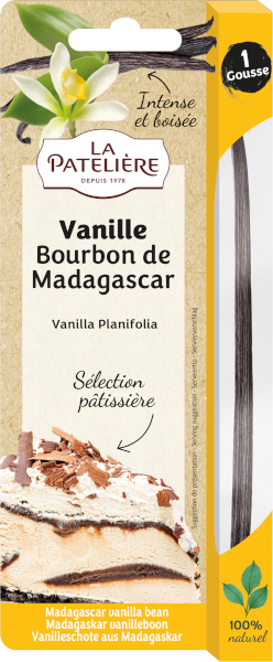 A single all natural Bourbon vanilla bean pod from Madagascar, weighing 2 grams, from La Patelière. The bean is displayed in a clear canister.
