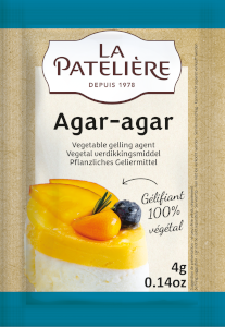 A 20 gram packet of La Patelière agar-agar (a vegan gelatin substitute).