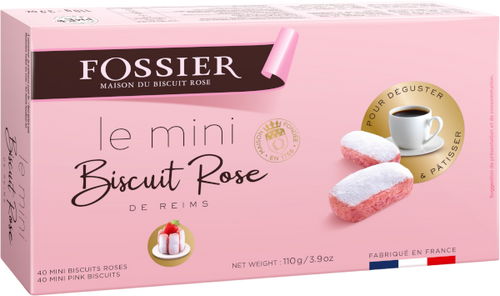 A pink box containing 110 grams of mini biscuit rose, from Fossier.