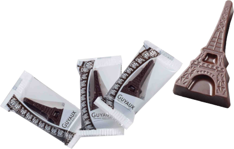 Several individually wrapped 5 gram Guyaux dark chocolate shaped like Eiffel Towers.