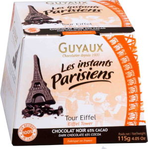 A box holding 115 grams of individually wrapped Eiffel Tower shaped dark chocolates from Guyaux.