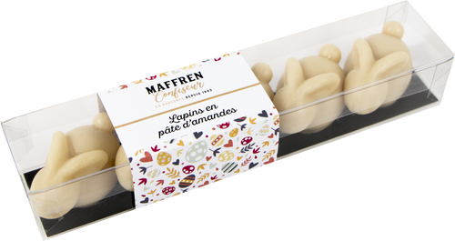 A sleeve of 120 grams of beige Maffren marzipan bunnies.