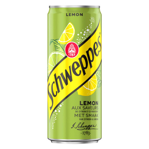 A 33 centiliter can of Schweppes lemon soda from Orangina.