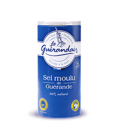 A blue canister containing 250 grams of Le Guérandais fine sea salt from Guérande.