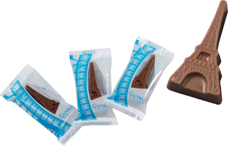 Several packets of individually wrapped 5 gram milk chocolate shaped like Eiffel towers, from Guyaux.