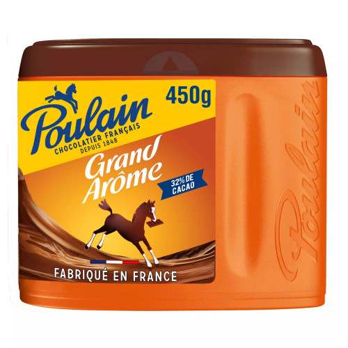 An orange canister of 450 grams of Poulain Grand arôme chocolate powder.