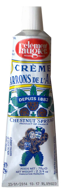 A tube containing 78 grams of Clément Faugier's chestnut spread. The tube is white with green, blue, and yellow accents. At the bottom of the tube is a cartoon of a person dressed like a chestnut.