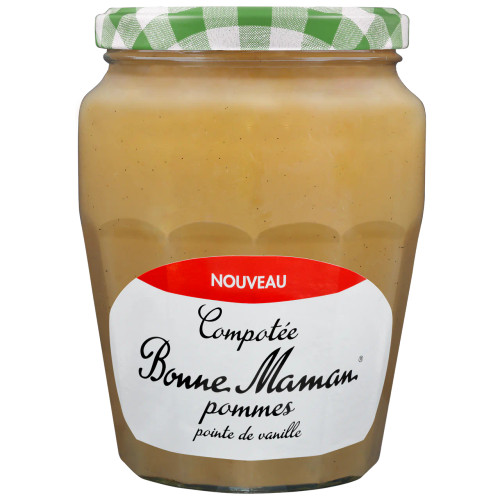 Bonne Maman's apple sauce (compote) with vanilla in a 590 gram jar with green and white checkered lid.