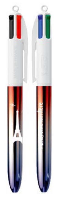 The front and back of the Les Parisettes "Paris City of Light" pen. The pen contains four color options for red, blue, green, and black ink. The surface of the pen has an icon of the Eiffel tower and its background is colored as the French flag with a metallic sheen.