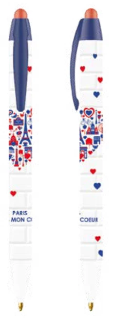 The front and back of the Les Parisettes "Paris in my Heart" pen. The pen is red, white, and blue, with hearts scattered across its surface. In the center is a larger heart comprised of iconic Paris architecture. The pen has an inscription which reads, "Paris mon cœur."