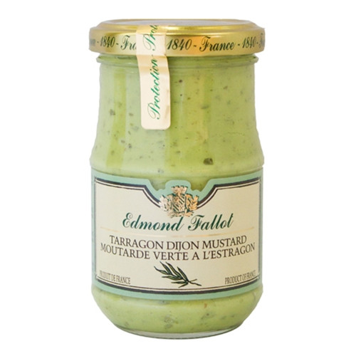 A jar holding 200 grams of green tarragon dijon mustard from Edmond Fallot.